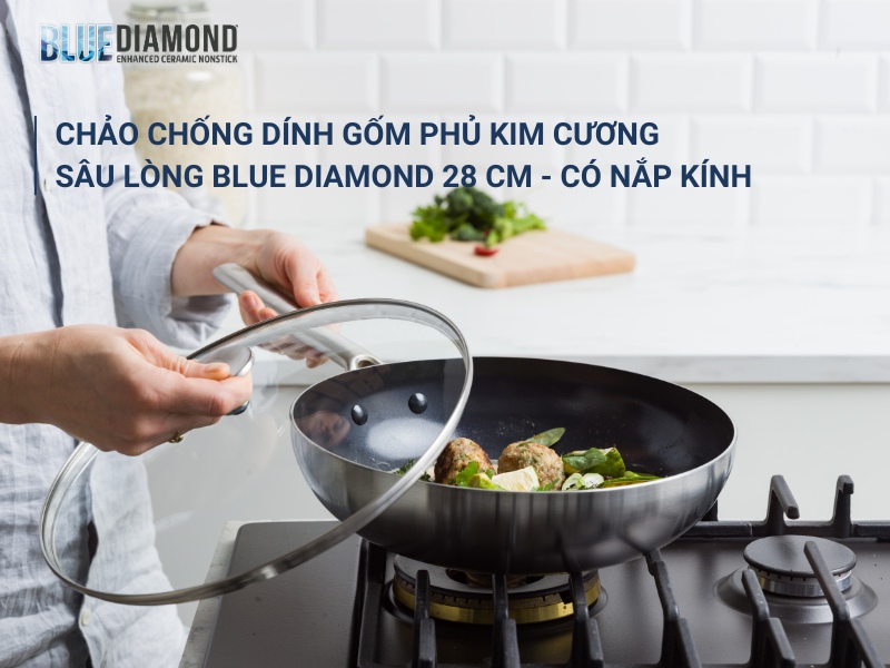 Chảo chống dính nào tốt cho sức khỏe - chảo chống dính gốm phủ kim cương Blue Diamond sâu lòng 28cm - có nắp kính